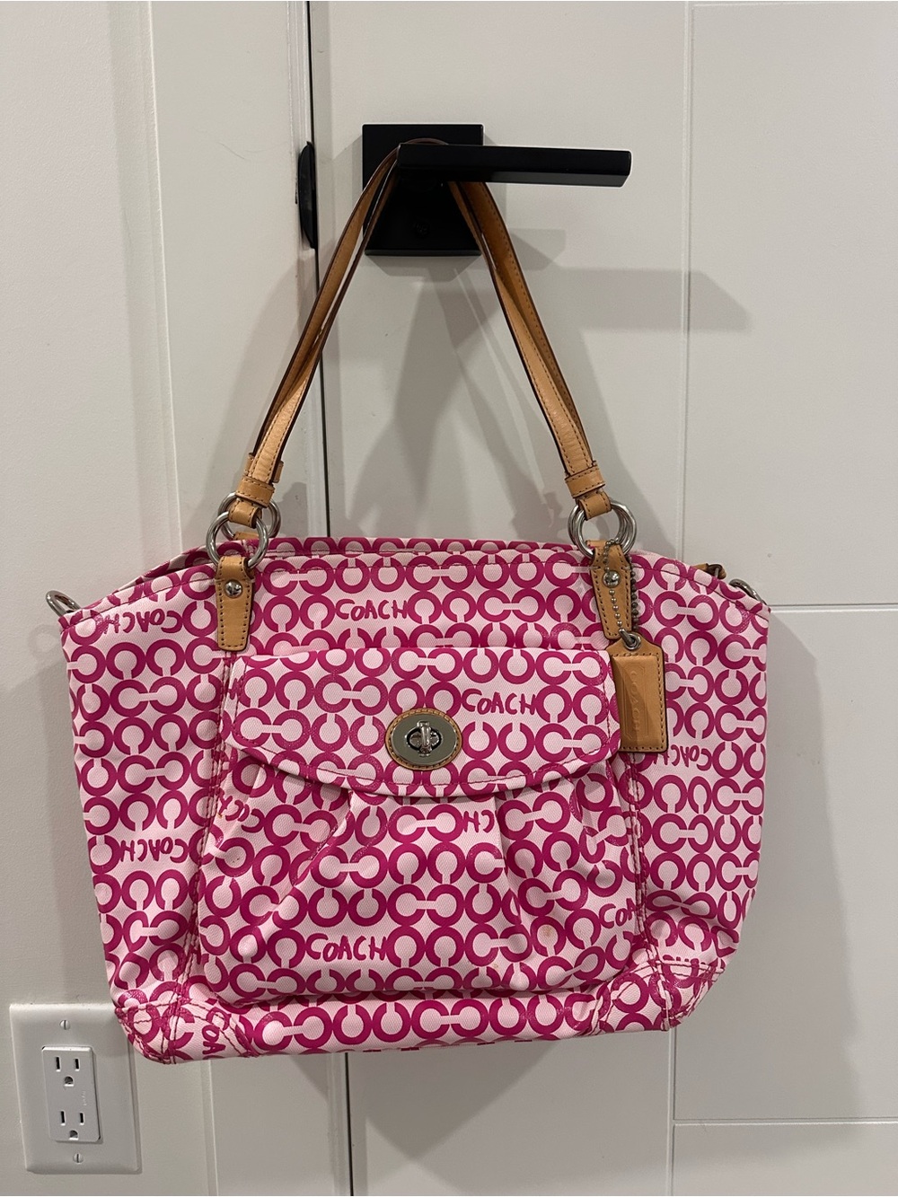 Vintage 2008 Coach Pink Signature Shoulder Bag with Tan Leather Handles